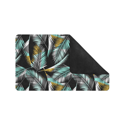 Gold Glitter Cyan Tropical Palm Leaves Rubber Doormat