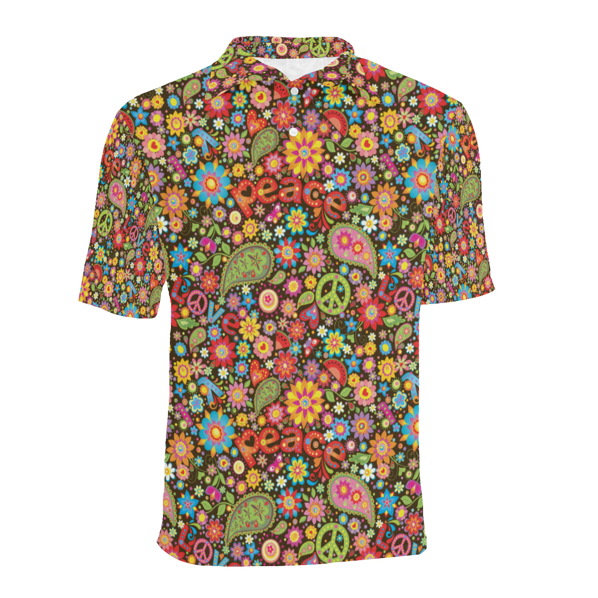 Flower Power Peace Paisley Themed Print Men Polo Shirt