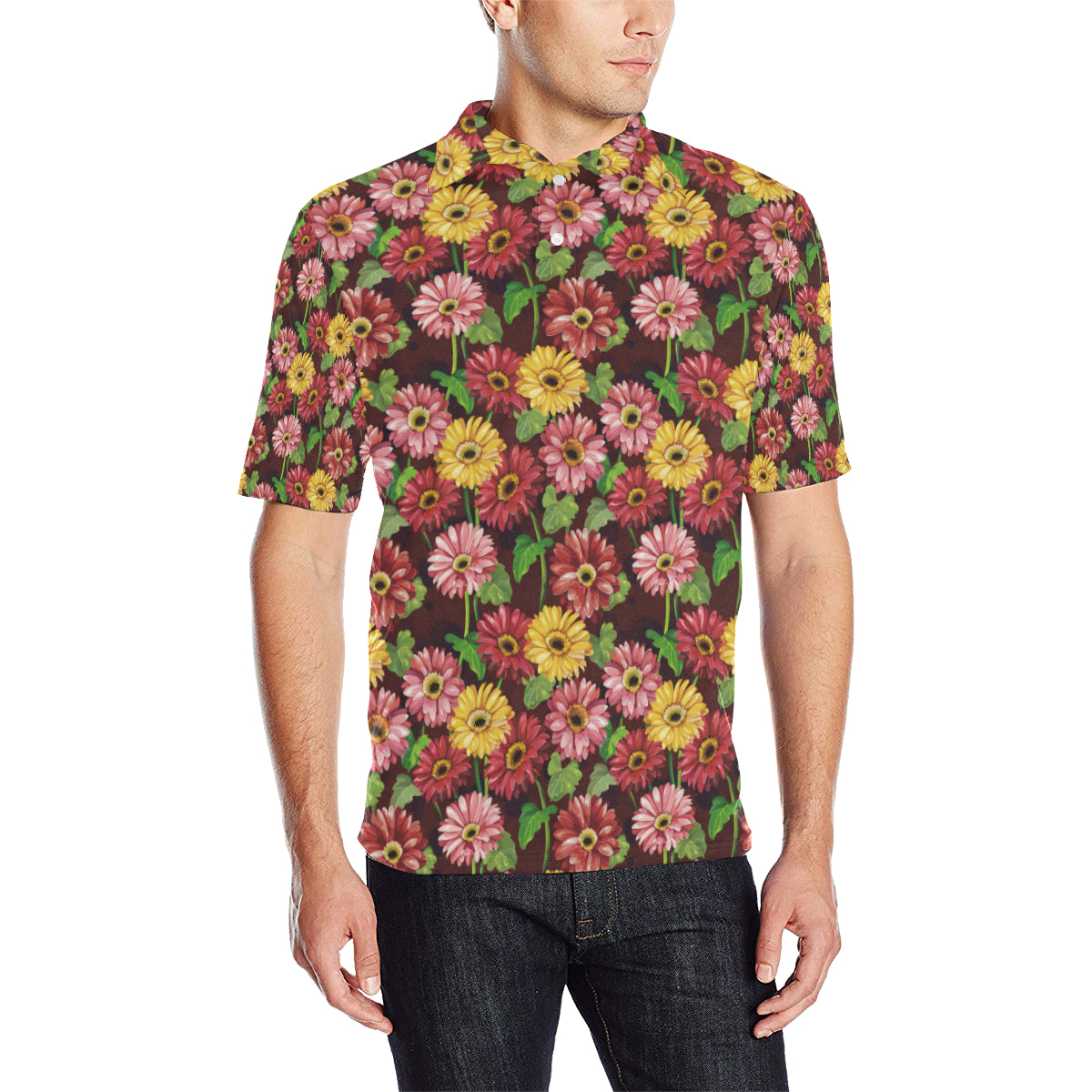Daisy Gerbera Print Pattern Men Polo Shirt
