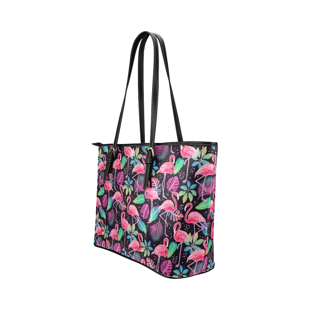 Flamingo Tropical leaves Neon Print Leather Tote Bag