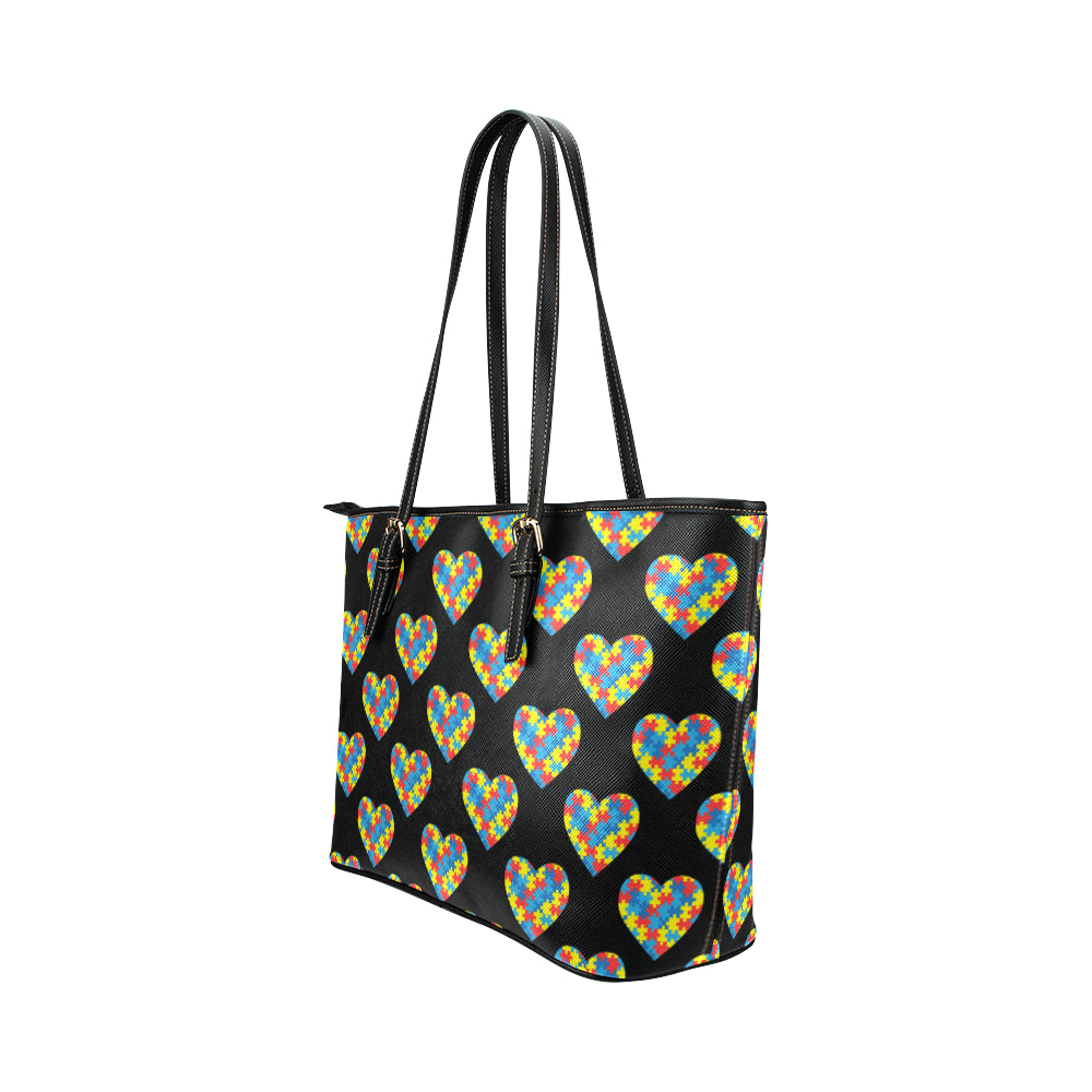 Autism Awareness Heart Design Print Leather Tote Bag