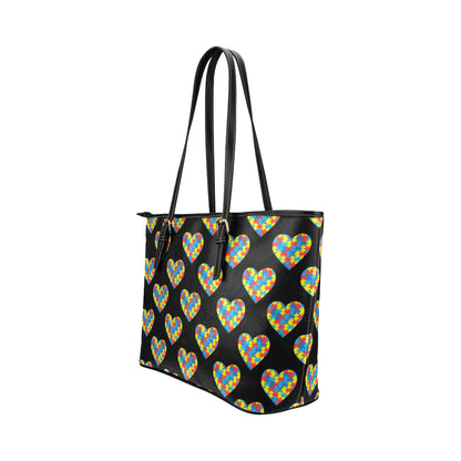 Autism Awareness Heart Design Print Leather Tote Bag