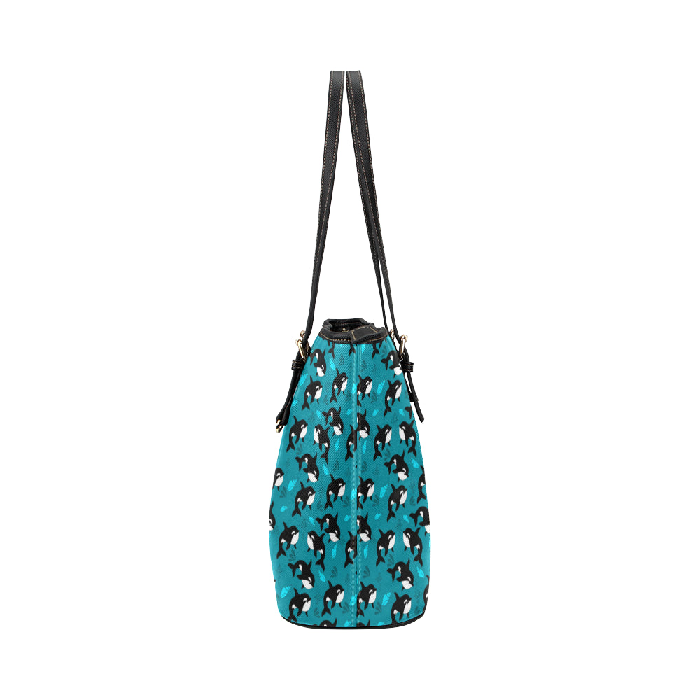 Whale Sea Design Themed Print Leather Tote Bag