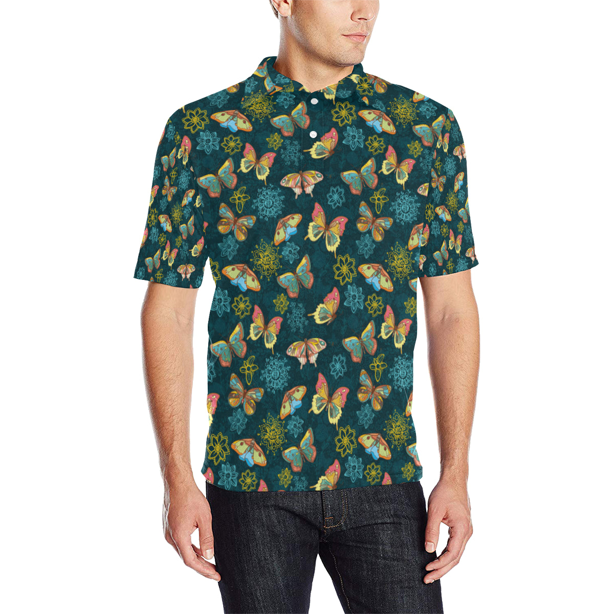 Butterfly Hand Draw Print Pattern Men Polo Shirt