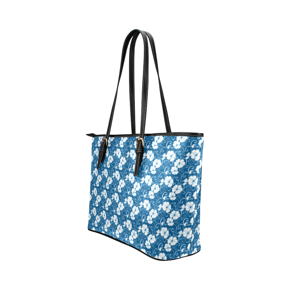 Hibiscus Blue Flower Hawaiian Print Leather Tote Bag