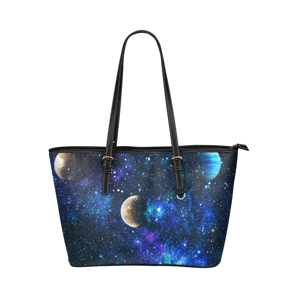 Galaxy Stardust Planet Space Print Leather Tote Bag