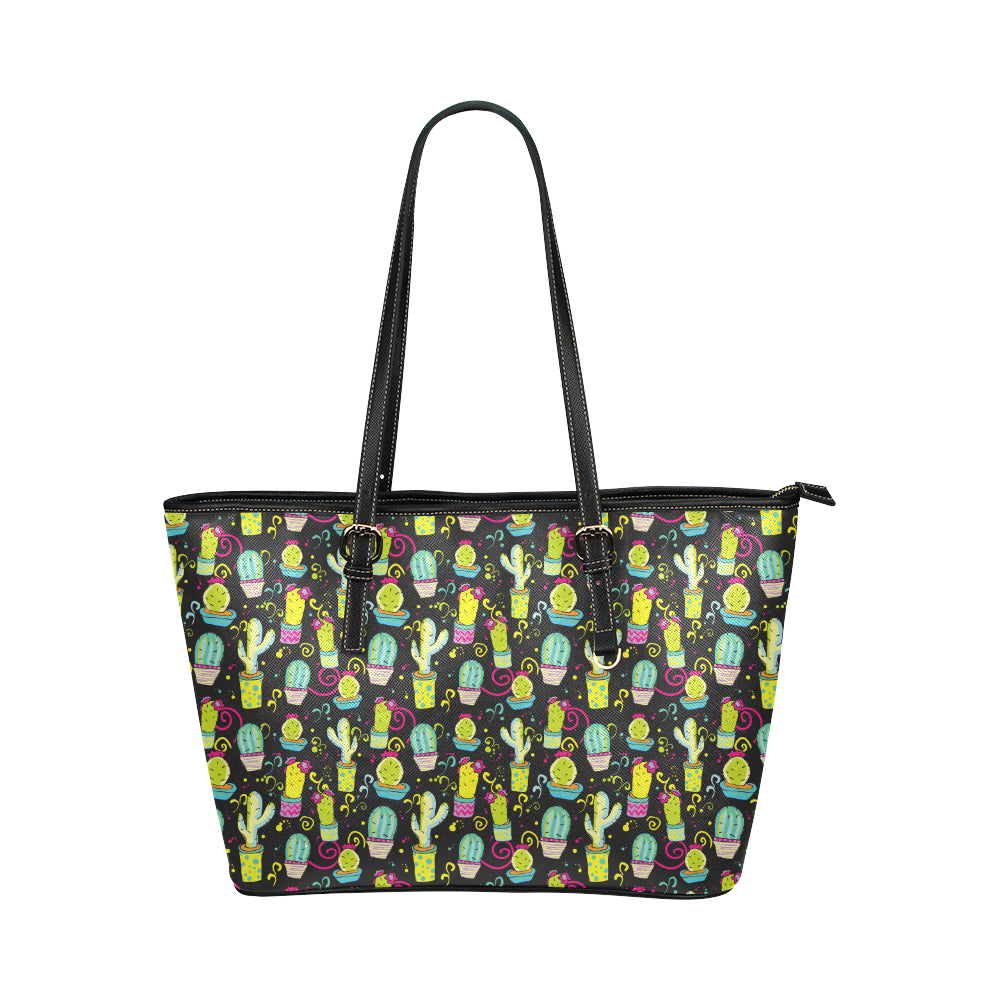 Cactus Neon Style Print Pattern Leather Tote Bag