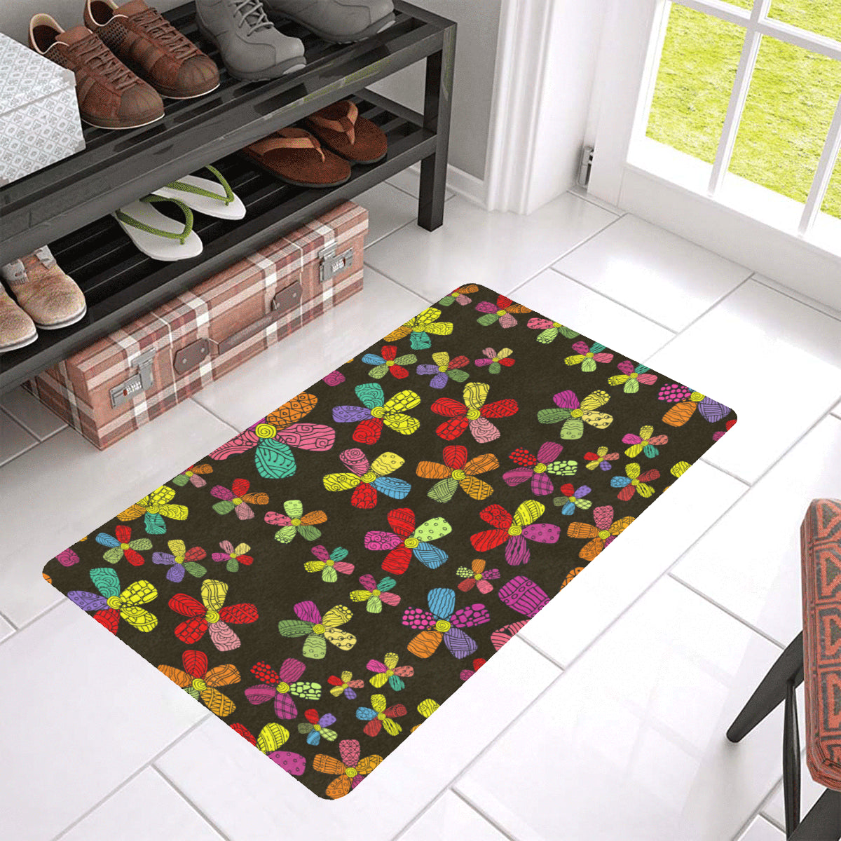 Flower Power Colorful Print Pattern Rubber Doormat