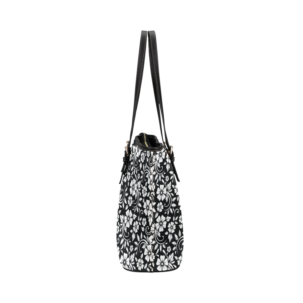 Floral Black White Themed Print Leather Tote Bag
