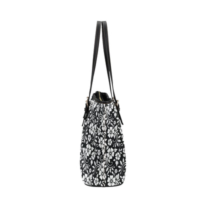 Floral Black White Themed Print Leather Tote Bag