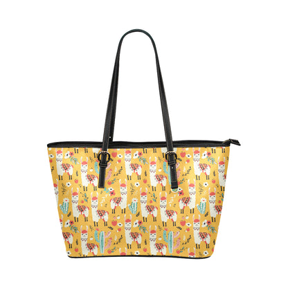Llama Cute Themed Print Leather Tote Bag