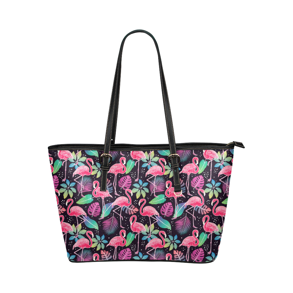 Flamingo Tropical leaves Neon Print Leather Tote Bag