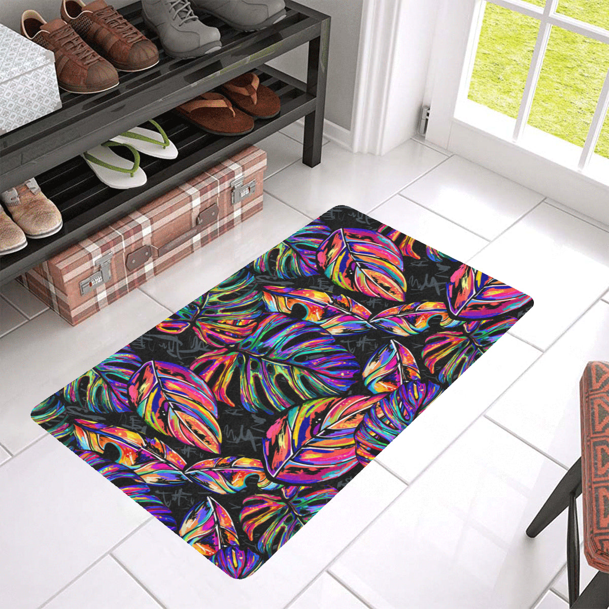 Neon Color Tropical Palm Leaves Rubber Doormat