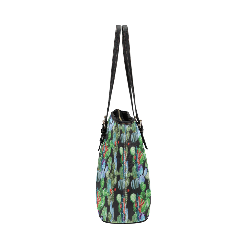 Cactus Watercolor Style Print Leather Tote Bag