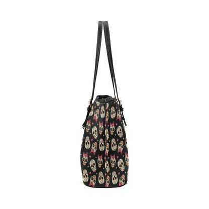 Sugar Skull Pink Bow Themed Print Leather Tote Bag