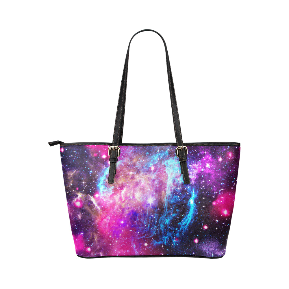 Galaxy Night Purple Space Print Leather Tote Bag