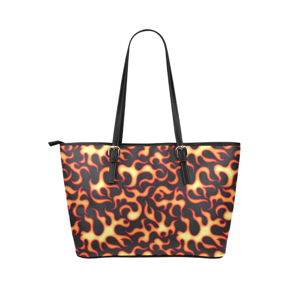 Flame Fire Themed Print Leather Tote Bag