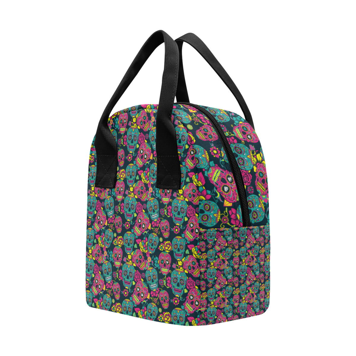 Sugar Skull Floral Design Themed Print Insulated Lunch Bag