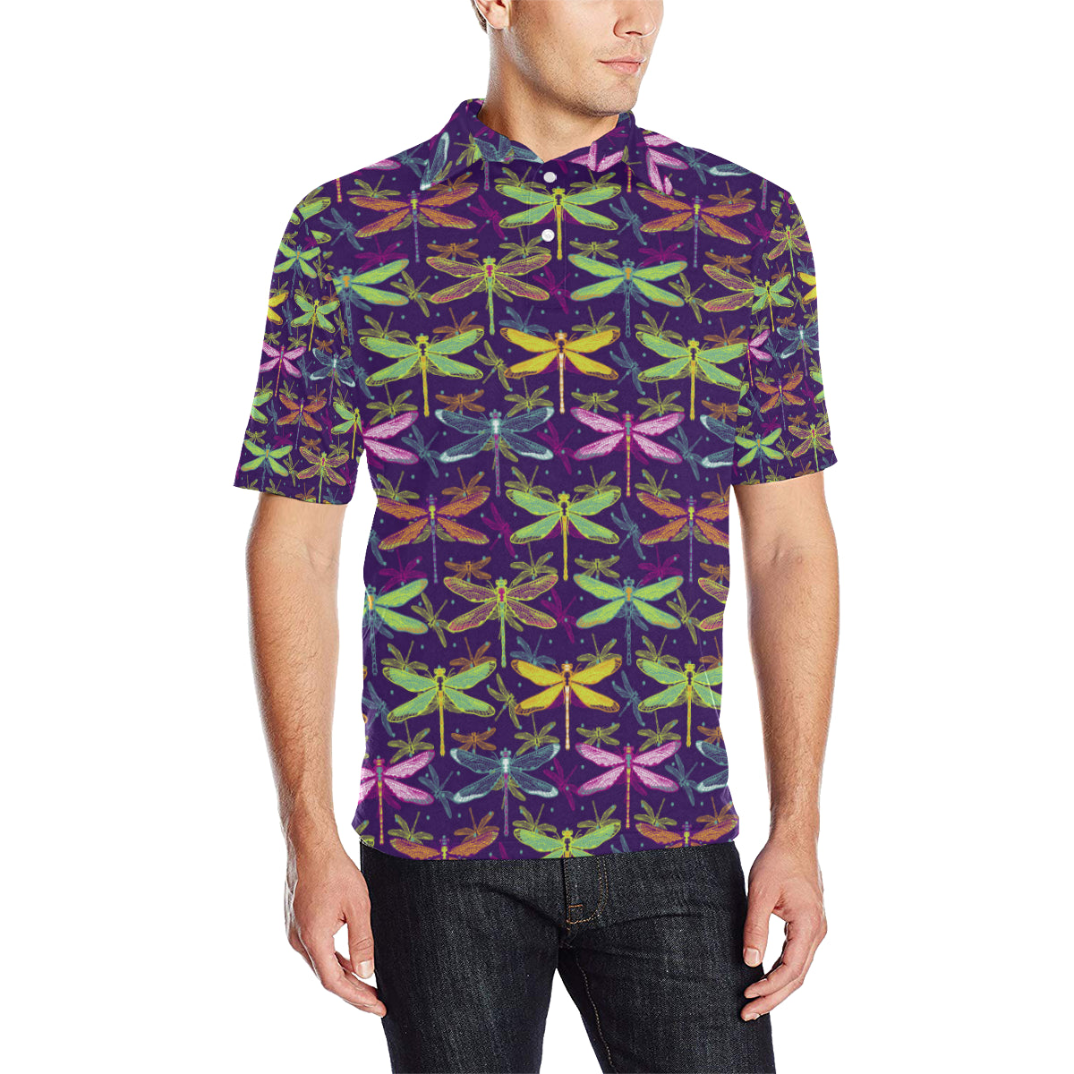 Dragonfly Neon Color Print Pattern Men Polo Shirt