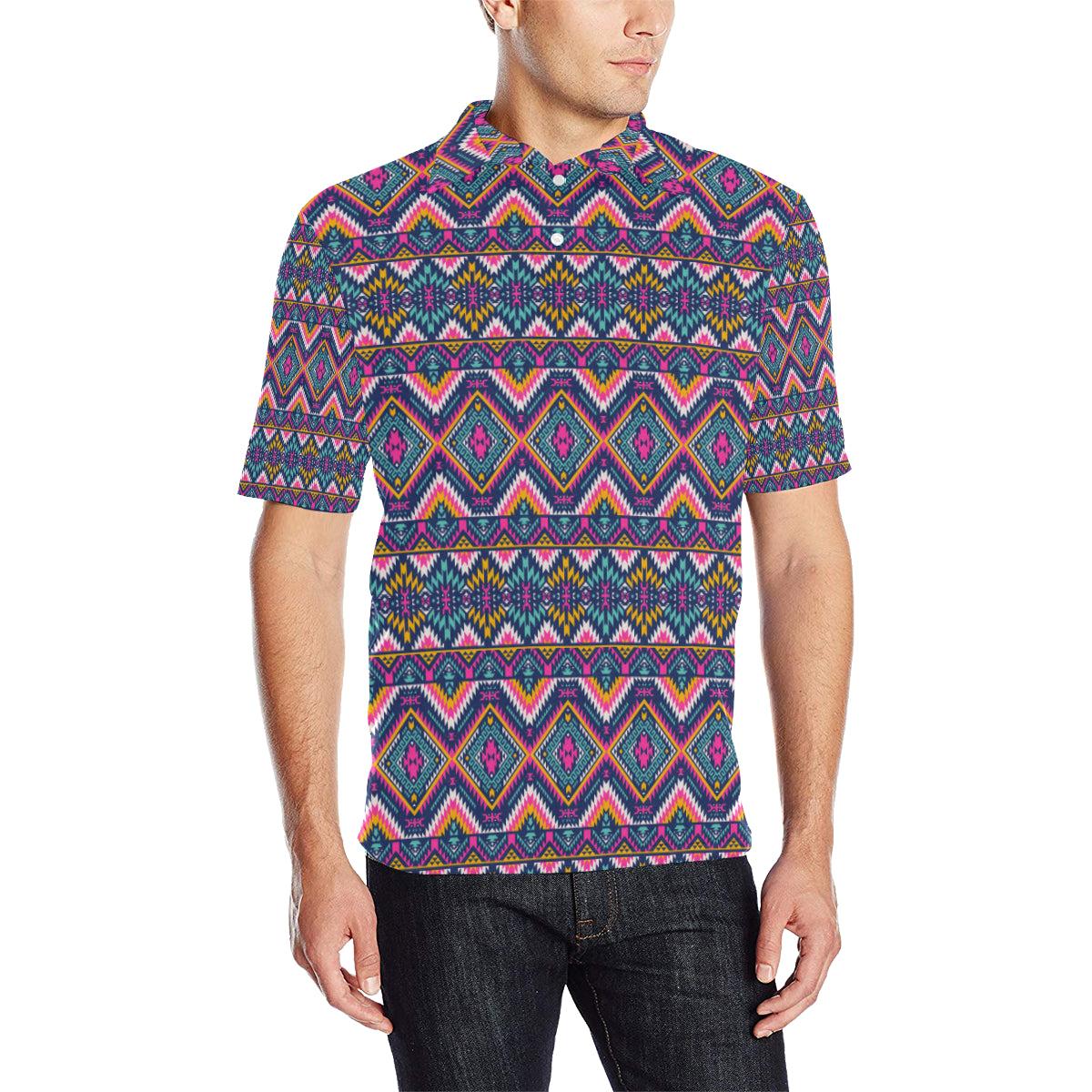 Indian Navajo Pink Themed Design Print Men Polo Shirt