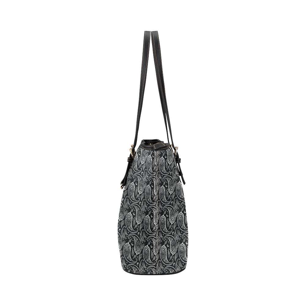 Paisley Black Design Print Leather Tote Bag