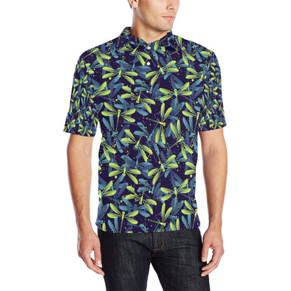 Dragonfly Lime Blue Print Pattern Men Polo Shirt