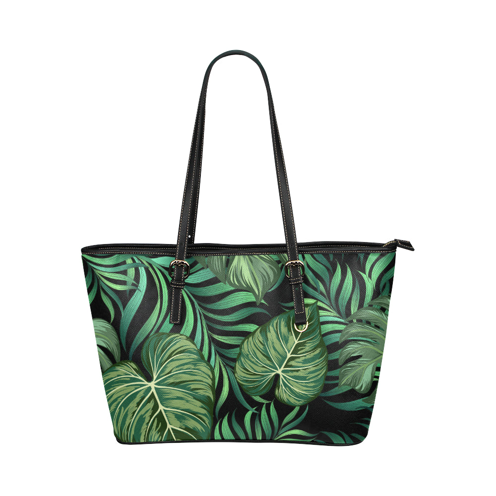 Green Fresh Tropical Palm Leaves Leather Tote Bag