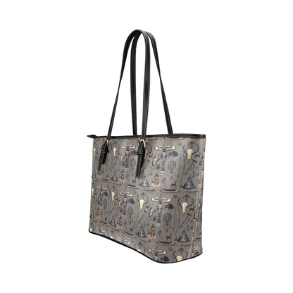 Native Indian life Design Print Leather Tote Bag