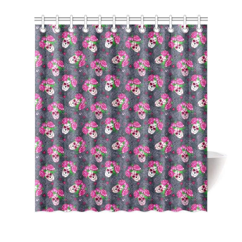 Sugar Skull Pink Rose Themed Print Shower Curtain