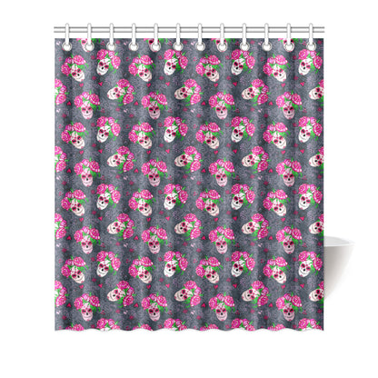 Sugar Skull Pink Rose Themed Print Shower Curtain