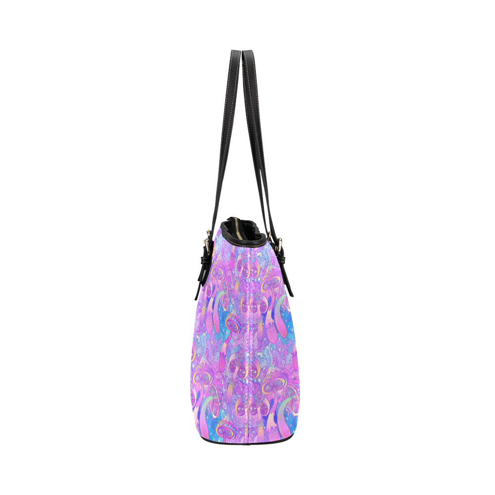Psychedelic Trippy Mushroom Print Leather Tote Bag