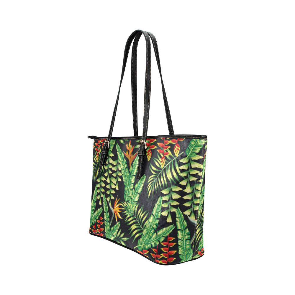 Hawaiian Flower Tropical Palm Leaves Leather Tote Bag