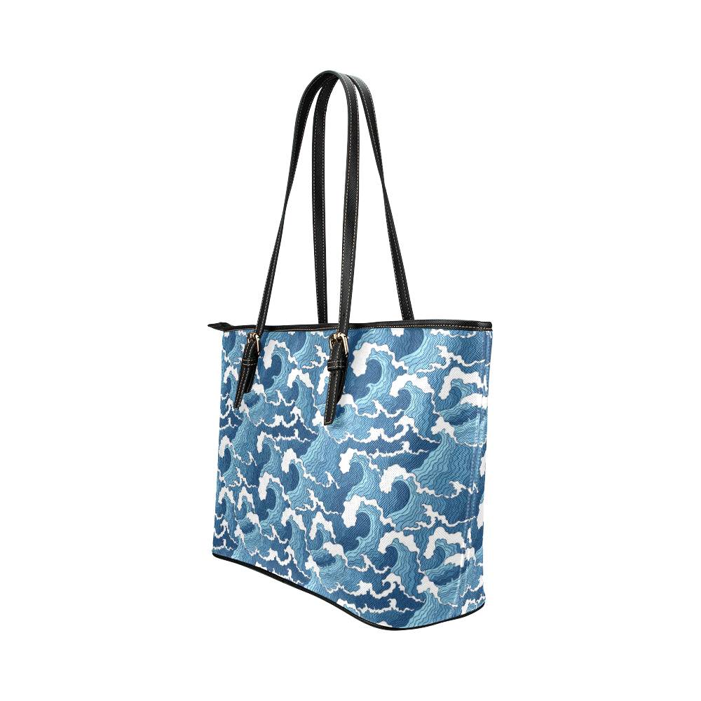 Wave Themed Pattern Print Leather Tote Bag