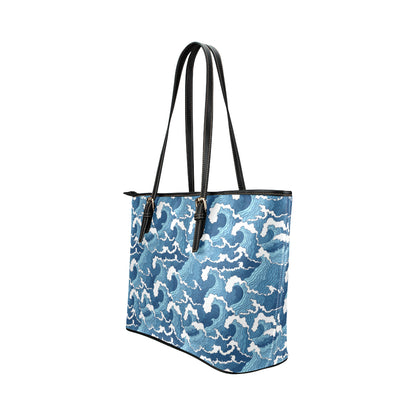 Wave Themed Pattern Print Leather Tote Bag
