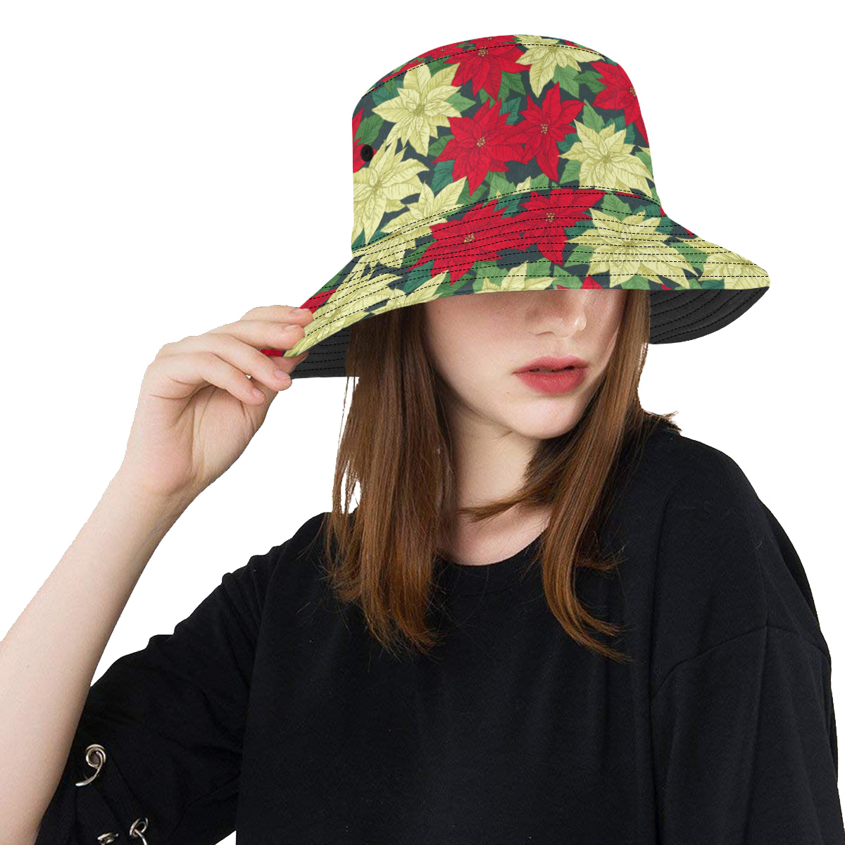 Poinsettia Pattern Print Design POT06 Unisex Bucket Hat
