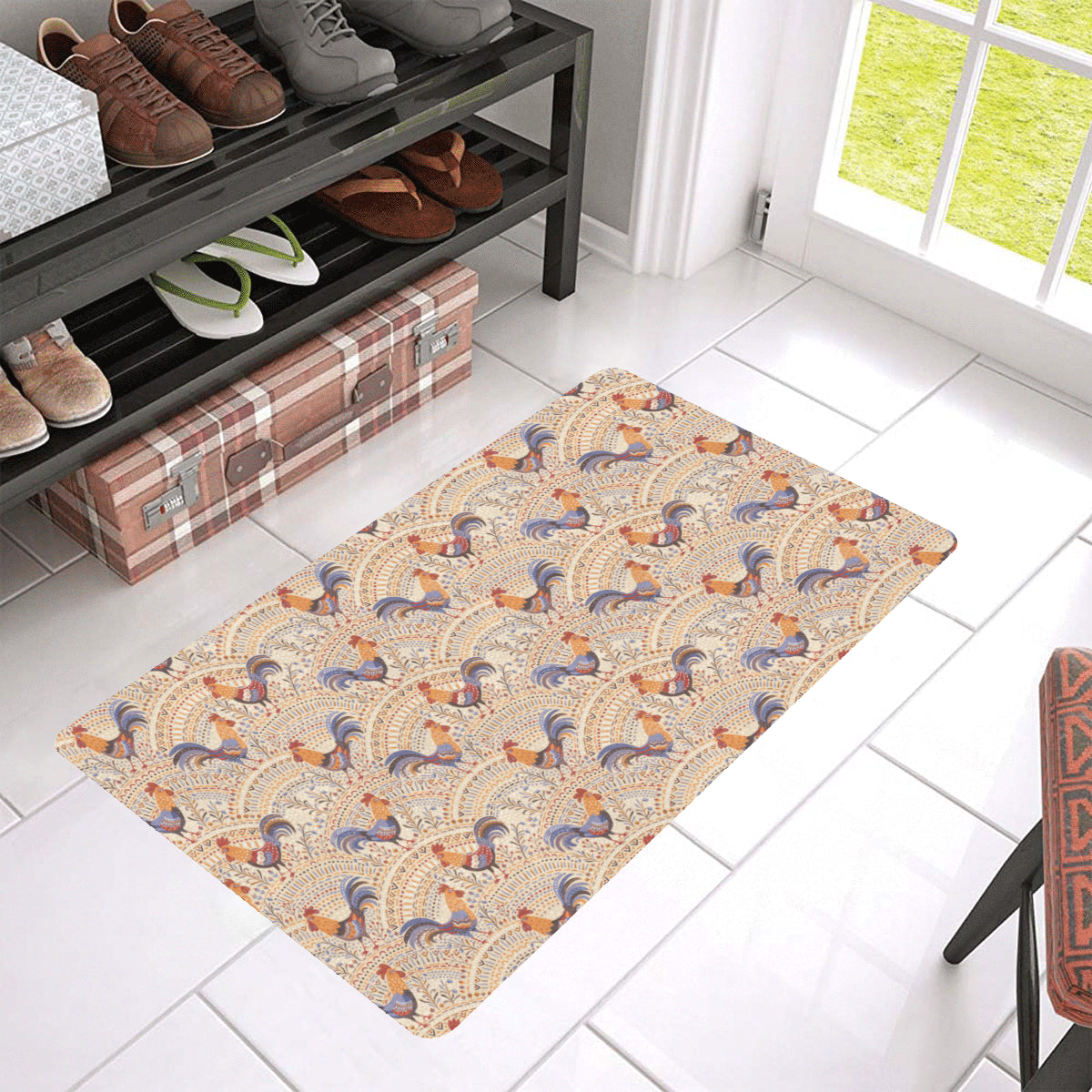 Chicken Boho Style Pattern Rubber Doormat