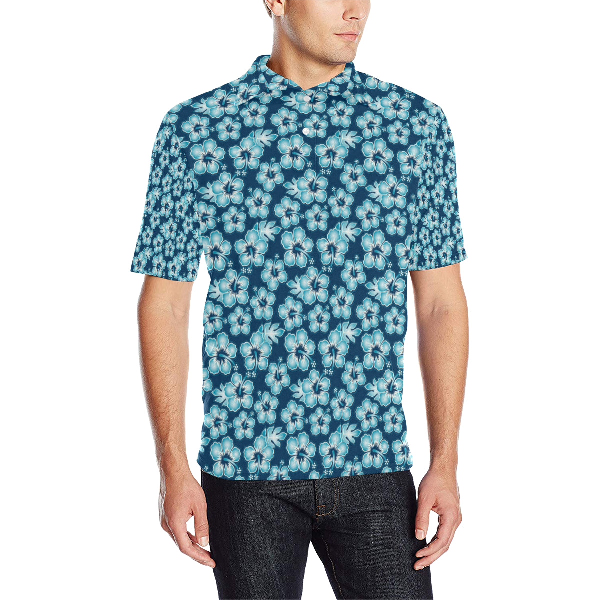 Hibiscus Flower Hawaiian Themed Men Polo Shirt