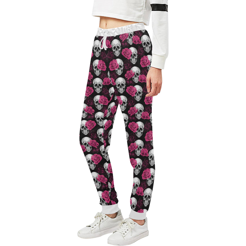 Pink Rose Skull Themed Print Unisex Sweatpants