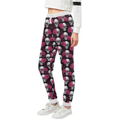 Pink Rose Skull Themed Print Unisex Sweatpants