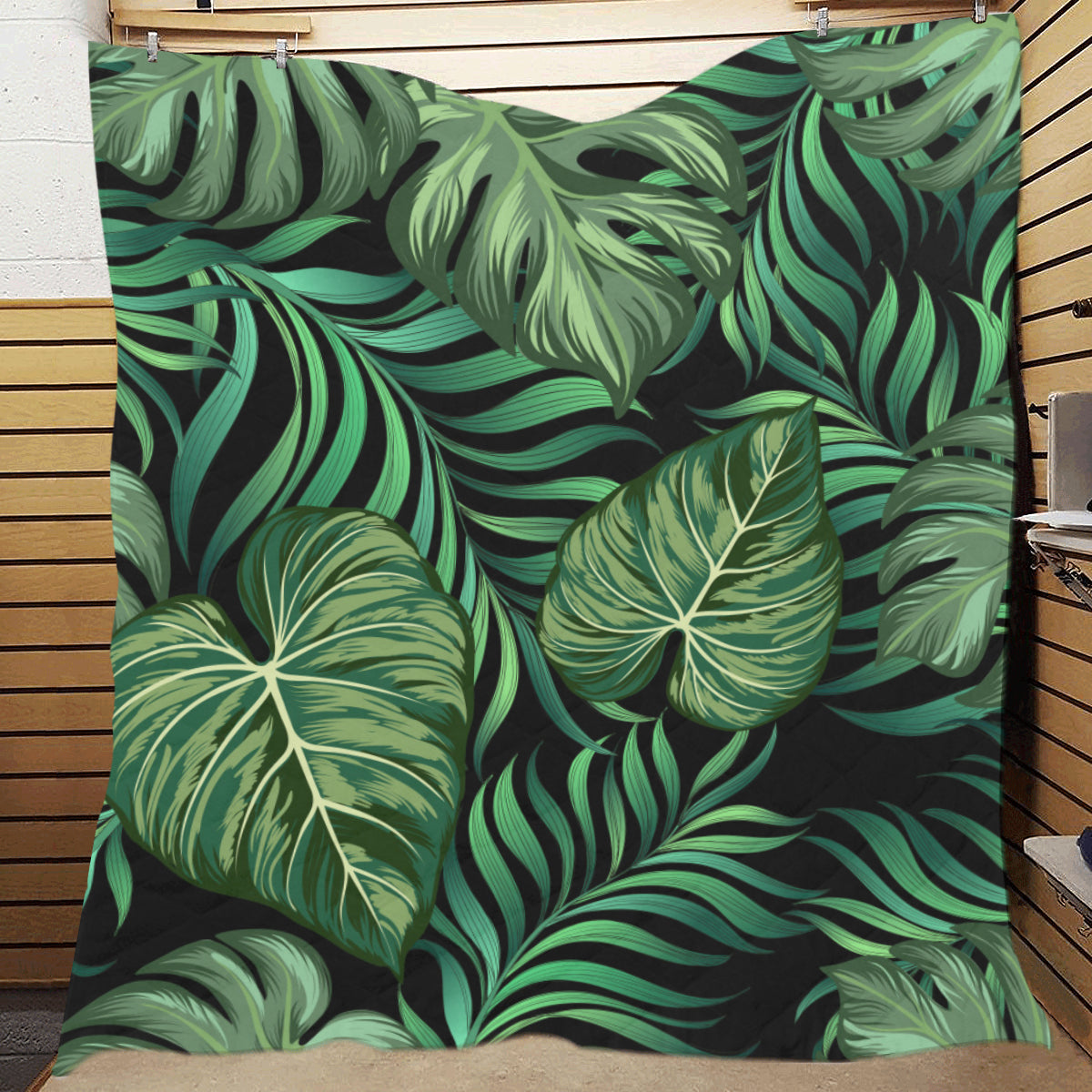Green Fresh Tropical Palm Leaves Premium Quilt