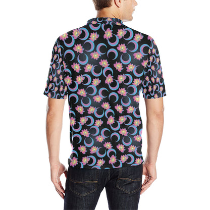 Lotus with Moon Pink Print Themed Men Polo Shirt