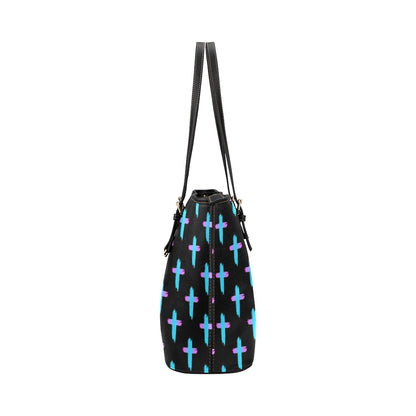 Christian Cross neon Pattern Leather Tote Bag