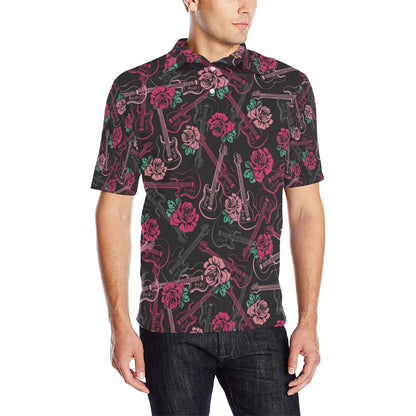 Bass Guitar Pink Rose Pattern Print Design 01 Men Polo Shirt