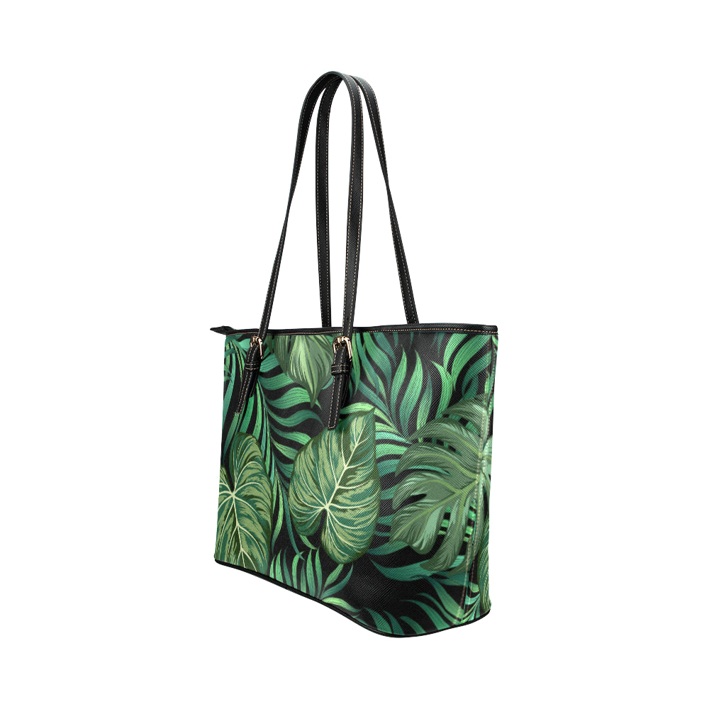 Green Fresh Tropical Palm Leaves Leather Tote Bag