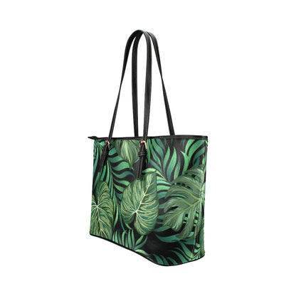 Green Fresh Tropical Palm Leaves Leather Tote Bag