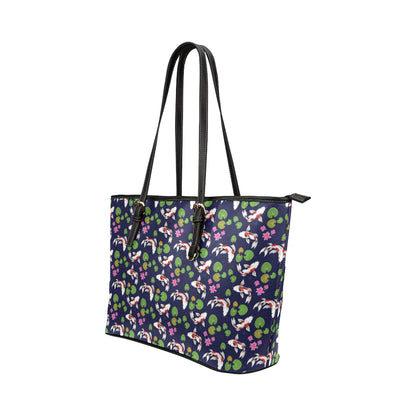 Koi Carp Pattern Design Themed Print Leather Tote Bag