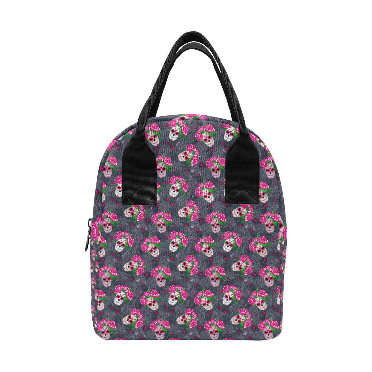 Sugar Skull Pink Rose Themed Print Insulated Lunch Bag