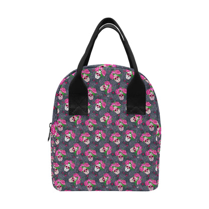 Sugar Skull Pink Rose Themed Print Insulated Lunch Bag