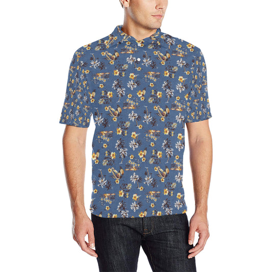 Hawaiian Flower Blue Print Men Polo Shirt