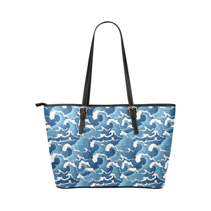Wave Themed Pattern Print Leather Tote Bag